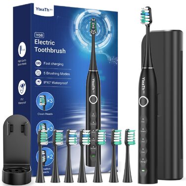 Електрична зубна щітка зі звуковими вібраціями, 8 насадок (3 типи), таймер, 120 днів роботи від акумулятора, 5 режимів чищення, чохол для подорожей, зарядний пристрій (чорний)