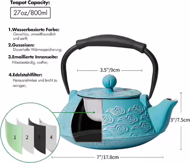 Cast iron teapot, Japanese teapot with infuser for loose tea, 800ml teapot suitable for stovetops, with enameled interior coating, cloud pattern, 27oz Green (Sky-blue)