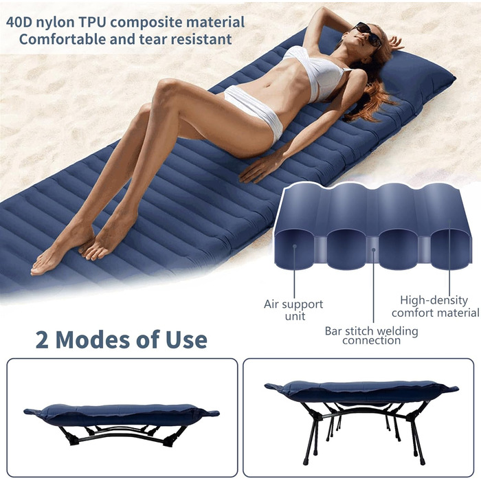 Розкладне ліжко-спальник туристичне, ультралегке, 160кг, блакитне. З алюмінієвою конструкцією та антирипстоп тканиною для кемпінгу, відпочинку на природі, вдома та на пляжі