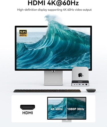 ORICO MiniDock: Док-станція та підставка для Mac mini M4/M4 Pro з корпусом для NVMe SSD, USB-C хаб з 4K HDMI та DisplayPort, SD/TF 3.0, USB-C/A 10Gbps, PD 100W - VS10 (10-в-1, 4TB)