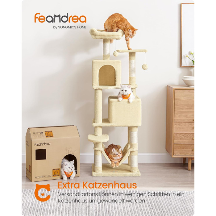 Драбина для котів Feandrea, 155 см, з 5 стовпчиками для шліфування, 2 платформами, 2 будиночками, гамаком, 2 іграшками-кульками, плюш, багатоярусна, бежева, PCT192M01