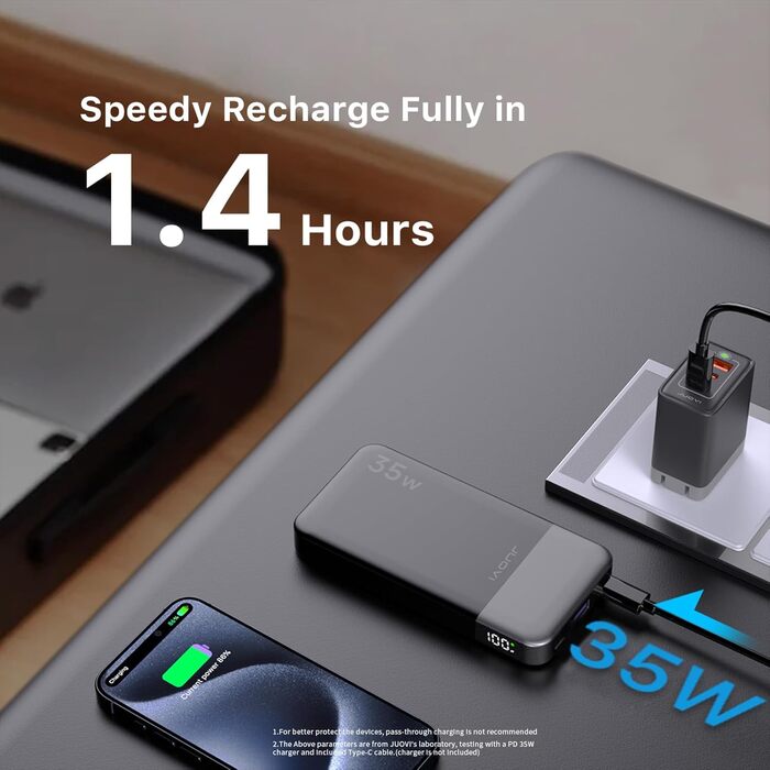 Power Bank JUOVI 10000 mAh рожевий: швидка зарядка PD 3.0, QC 4.0, 2x Type-C, USB-A для iPhone, MacBook, Galaxy