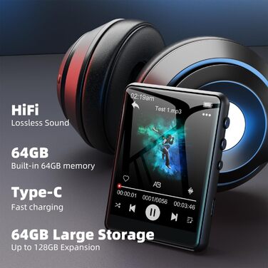 MP3-плеєр 64GB Bluetooth 5.3 з сенсорним екраном 2.4' та динаміком, запис голосу, FM-радіо, Line-in, для дітей, чорний