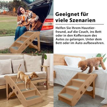 Складана собача драбина Froadp 49x38x61 см з 4 сходинками, з антиковзким покриттям для собак та котів (колір: коричневий)