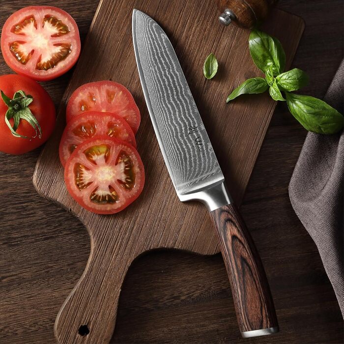 Ніж Santoku Wakoli EDIB Damast I 17 см, лезо з 67 шарів з VG10-сталі, з ручкою з паккавуду. Професійний кухонний ніж з дамаської сталі в подарунковій коробці, без гравіювання.