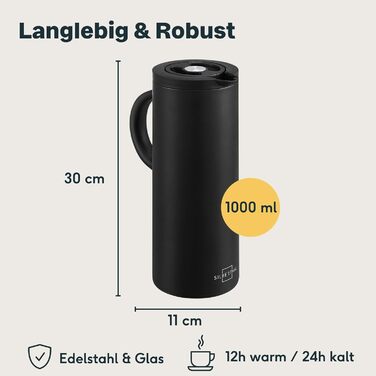 SILBERTHAL Thermos Flask 1L Stainless Steel - Double-Walled Insulated Flask Keeps Drinks Warm for 12h & Cold for 24h - With Twist-Lock Closure & Glass Insert - Modern Coffee Pot in Matte Black