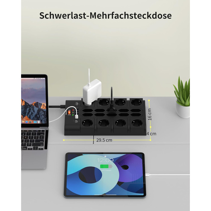 Многорозетка на 18 розеток з USB (4 USB-A, 2 USB-C), мережевий фільтр, 3680W, 2100J, 2 м кабель, для офісу та дому