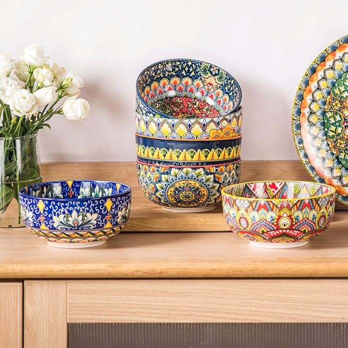 Набір супових тарілок Henten Home, 4 шт. - порцелянові десертні/сніданочні тарілки, 300 мл, для морозива/рису/десерту, кольорові сервіровочні миски, 4 шт. - Богемний стиль