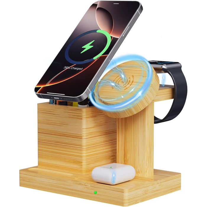 Багатофункціональна бамбукова зарядка 5-в-1 з LED-годинником та нічником. Підходить для Apple Watch, AirPods, Samsung Galaxy та інших пристроїв.