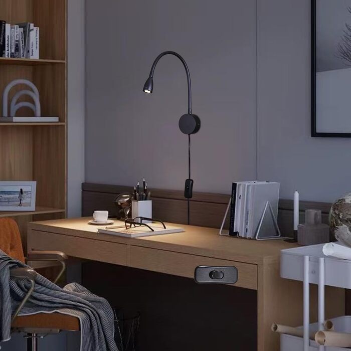 Світлодіодний настінний світильник для читання 3W теплий білий 3000K чорний, з вимикачем на шнурі