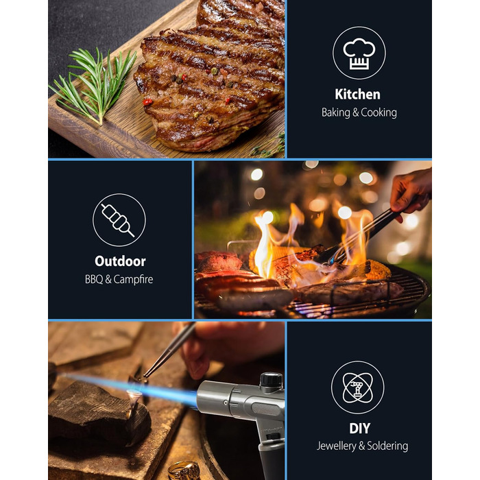 Пальник RONXS Flambierbrenner для приготування Crème Brulée, кухонний, з регульованою полум'ям, чорний