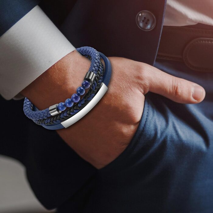 Браслет чоловічий шкіряний плетений Lederarmband з магнітною застібкою (синьо-срібний, 18.5 см)