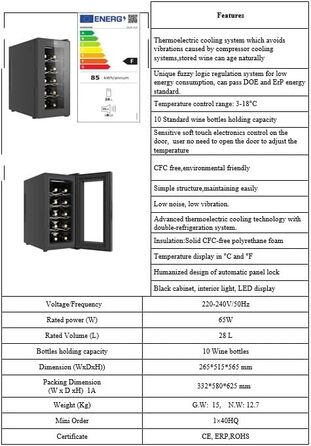 Echos 10-Bottle Wine Cooler Refrigerator - 28 Liter Capacity with LED Lighting - Mini Wine Refrigerator & Minibar with Glass Door