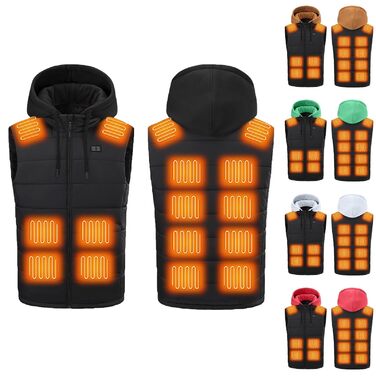 Чоловіча електрична жилетка з капюшоном, 15 зон нагріву, USB, чорна, 4XL