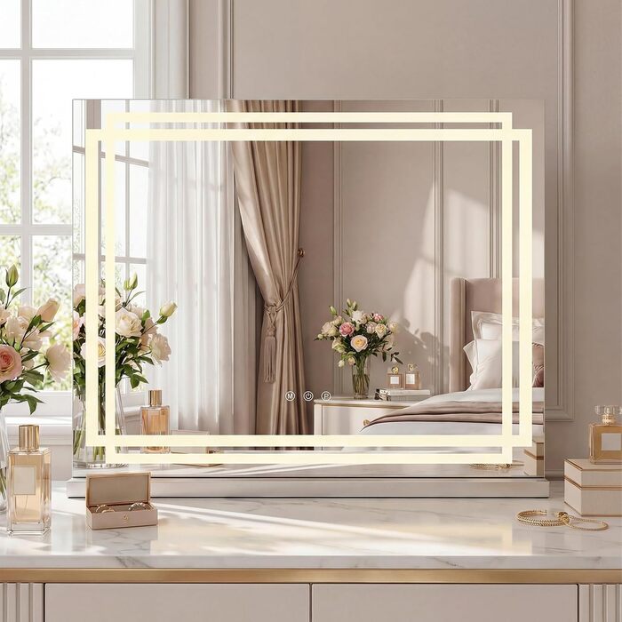 Дзеркало для макіяжу COSTWAY з підсвіткою, 3 режими кольору, 5-кратне збільшення, сенсорне керування та регулювання яскравості, поворотне на 360°, 58x48 см