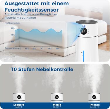 Зволожувач повітря для спальні, 4л, тихий ультразвуковий, з поворотною на 360° форсункою, пультом дистанційного керування, автоматичним вимкненням, 40 годин роботи, таймером, для дитячої кімнати, офісу, рослин