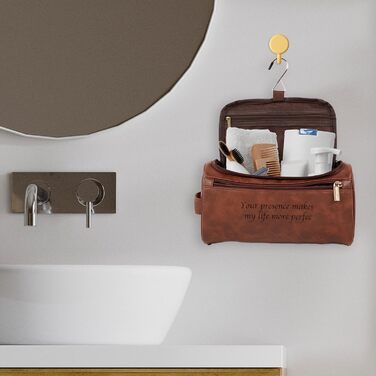 Чоловіча дорожня косметичка Easycosy з лазерним гравіюванням імені, з натуральної шкіри, набір 2в1 (косметичка + гачок для підвішування), ідеальний подарунок для чоловіків, тата, дідуся, колеги, червоно-коричневого кольору
