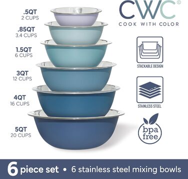 Набір мисок для змішування Cook With Color з нержавіючої сталі, 6 штук, блакитний
