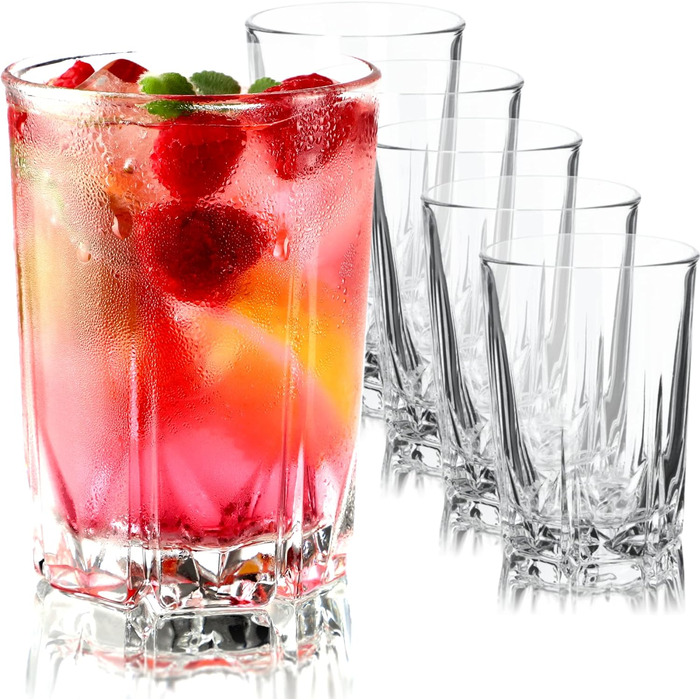 KADAX Drinking Glasses Set of 6, made of high-quality glass, water glasses, thick-walled juice glasses, ribbed glasses for water, drinks, juice, party, cocktail glasses, beverage glasses (tall, 245ml)