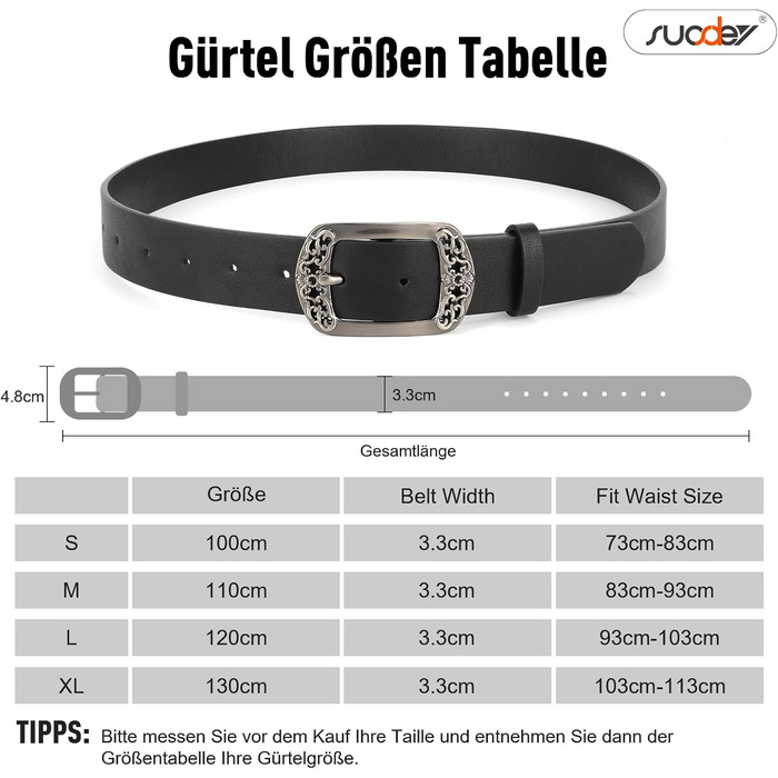 Жіночий шкіряний ремінь SUOSDEY Класичний чорний з квітковою пряжкою для джинсів, суконь, модних образів, 100 см, розмір талії 73-83 см