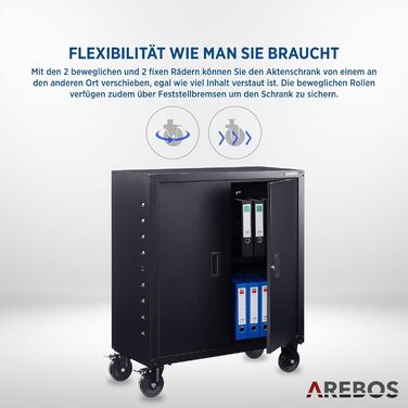 Металевий офісний шафа Arebos, чорний, 90x90x40 см, регульовані полиці, на колесах