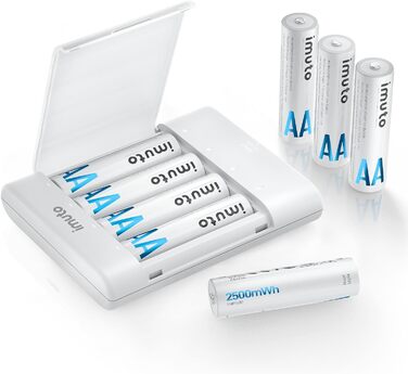 Imuto Акумулятори Li-Ion AA 2500mAh, 8 шт. з зарядним пристроєм, 1.5V, 1600+ циклів, низький саморозряд, 4CH8AA-2500DE