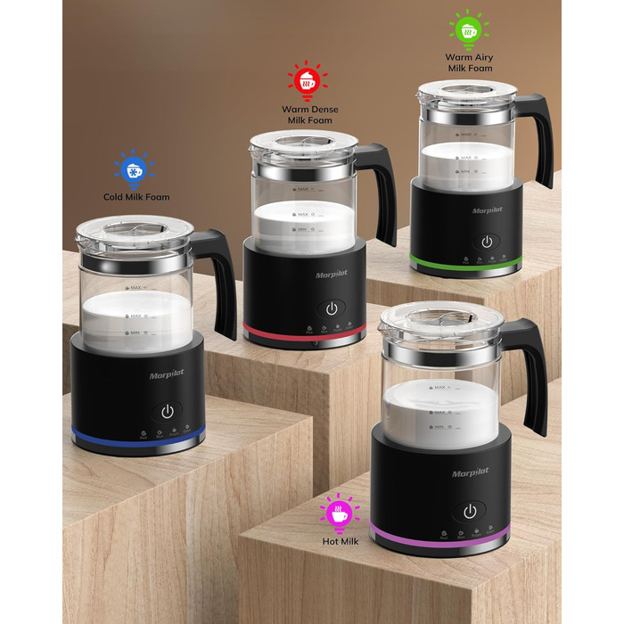 Morpilot Milk Frother Electric, 500ml 600W, 4 in 1 Milk Frother for Hot and Cold, Dishwasher Safe, Visual Glass, Latte Design, White (Black)