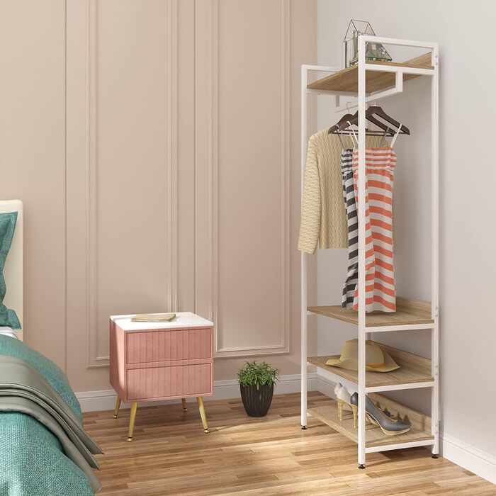 WOLTU Clothes Rack with Shelf, Open Wardrobe with Shoe Shelf, Coat Rack for Bedroom, Wood and Steel