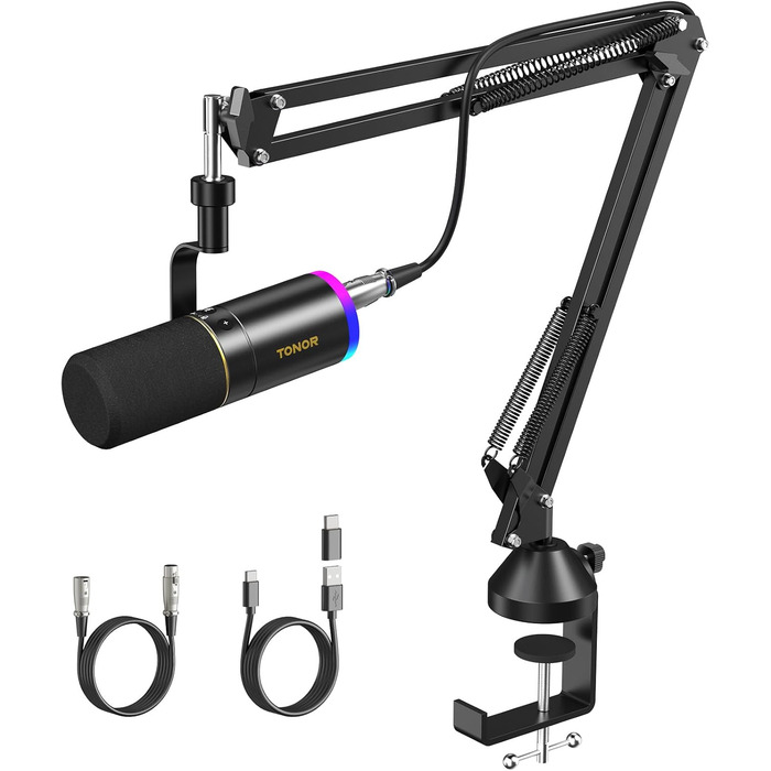 Мікрофон TONOR TD510+ для стримінгу, студії та запису. XLR/USB, динамічний, з регульованою ніжкою та RGB підсвічуванням. Чорний колір