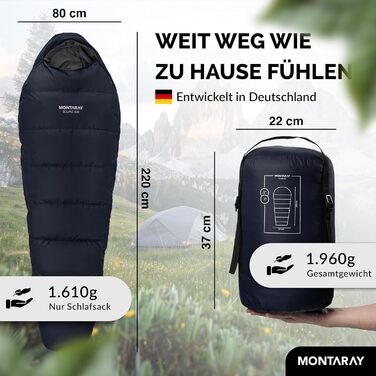 Спальний мішок Mumienschlafsack для 3-4 сезонів, 8°C/-5°C, блакитний, 80x220 см, з подушкою, для жінок та чоловіків