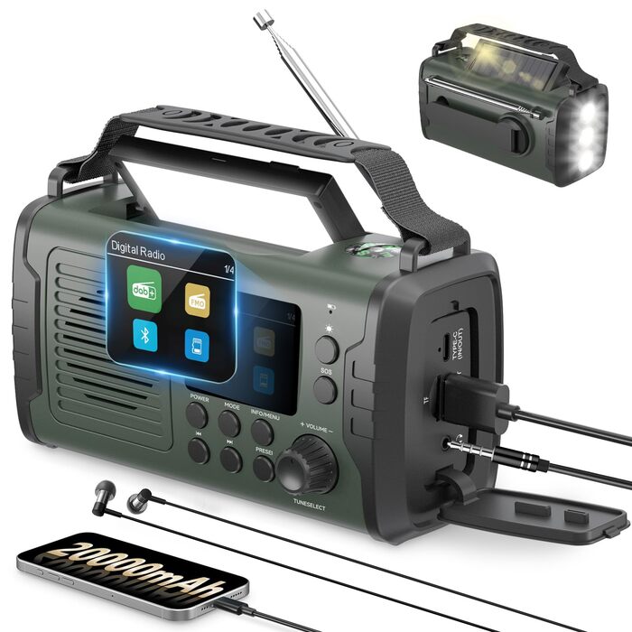 Радіо на механічному заводі DAB+ FM 20000mAh, Аварійне радіо DAB+ з сонячною панеллю та Bluetooth, Радіоліхтарик з зарядкою для телефону та компасом для виживання (Зелений)