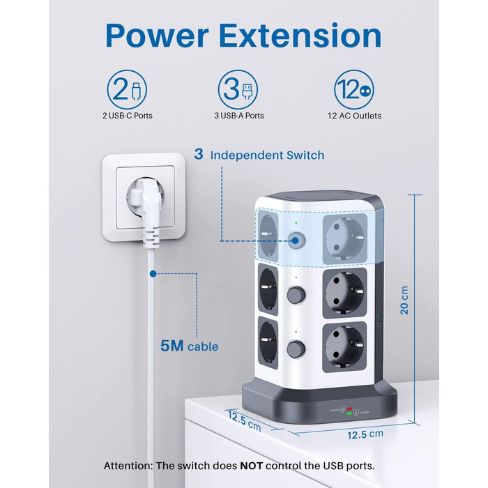 Блок розеток KOOSLA з USB-C, 12 розеток, 3680W/16A, захист від перенапруги 1500J, індивідуальне вмикання, 5м кабель, сірий