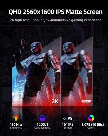 Монітор UPERFECT 2K 144Hz 16 дюймів: Портативний дисплей QLED з Mini HDMI та USB-C для ПК, ноутбука, телефону, Xbo, Switch, PS4/5 (VESA)