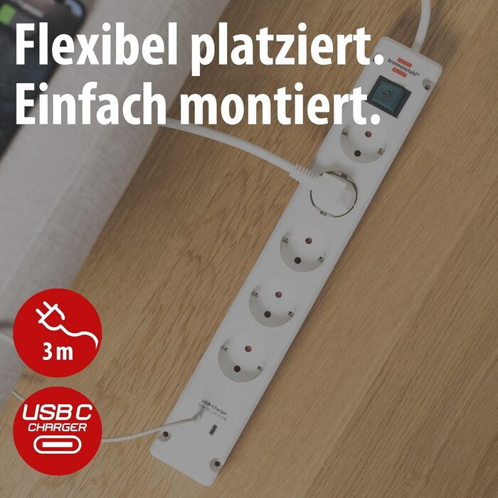 Стрічка живлення Brennenstuhl Bremounta з USB-C, 5 розеток, біла (з вимикачем, для монтажу на стіну, 2x та 3м кабель)