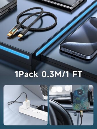 Кабель USB-C RAVIAD з підтримкою PD3.1: швидка зарядка, нейлон, 0.3м, 100W, чорний. Сумісний з iPhone, Galaxy, Pixel, iPad, MacBookAir