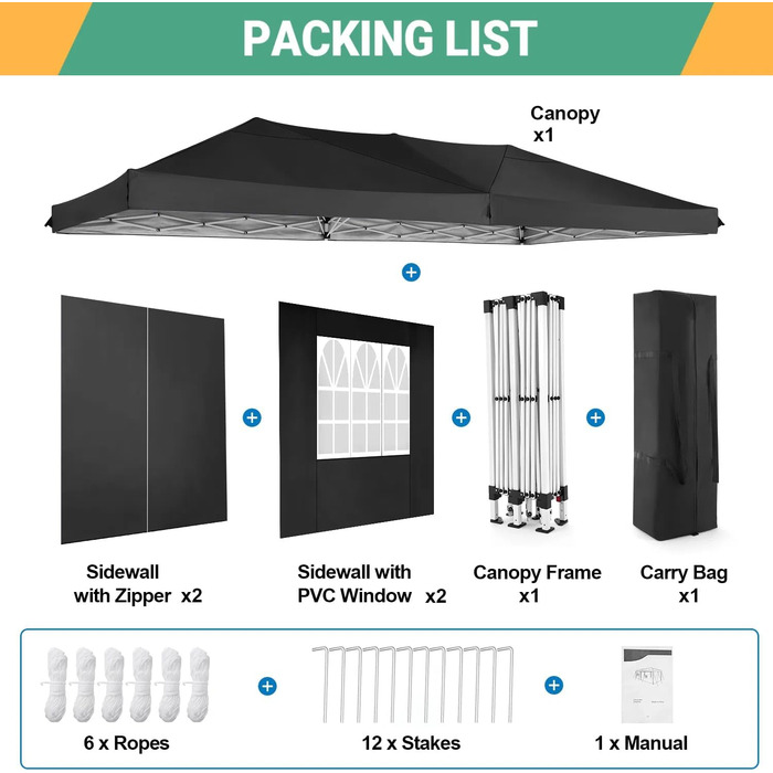 COBIZI Pop-up Pavilion 3x3, Folding Pavilion 3x3 Waterproof, Stable, Winter-proof |8X Pegs|4X Wind Rope|UV Protection 50+|High-Density Tarpaulin| Pavilion Foldable 3x3m Party Tent Folding Pavilion 3x3 Garden Pavilion (Black, 3x6m with 6 Side Panels)