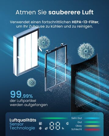 Вентилятор Pro Breeze OmniAir з очищувачем повітря, 105 см - безшумний, з HEPA 13 фільтром, LED дисплеєм, пультом керування, 10 швидкостей, 5 режимів, чорний