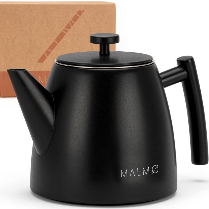 Чайник MALMØ з ситечком - термочайник з подвійними стінками, з нержавіючої сталі 304 - чайник з ситом, 100% без протікань, чорний