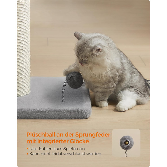 Feandrea Cat Tree, 85 cm tall, scratching post, 13 cm thick trunk, cat tree, scratching trunk for medium and large cats, sisal trunk, with plush ball and bell, Dove Gray PCA041G01