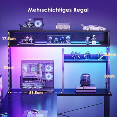 Ігровий стіл Coleshome L-подібної форми з LED підсвічуванням, 10 кольорів, 130x100 см, з полицями та кишенями для зберігання, для дому та геймерів, чорний
