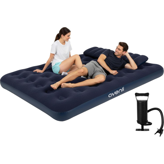 Надувний матрац для кемпінгу AVENLI з 2 подушками та насосом для 2 осіб (203x152x22 см) - зручне ліжко для відпочинку та подорожей