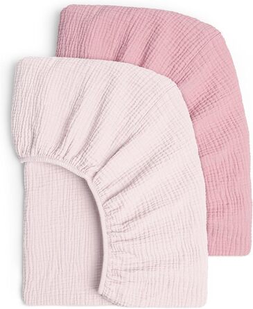 lulumoon Muslin Fitted Sheet Set for Crib: Soft & Breathable Fitted Sheet for Travel Bed and Baby Bed 100% Cotton 60x120-70x140cm 2-Pack (Pink Geranium)