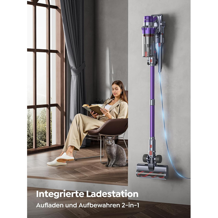 SMOTURE Бездротовий акумуляторний пилосос 600W, 50KPA, 65 хв роботи, самостійна підставка, для дому, з настінною зарядкою, автоматичний режим, знімна батарея, сенсорний дисплей