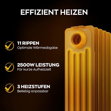 Електричний масляний радіатор Heinrich з 13 ребрами, 2500W, з вентилятором, терморегулятором, захистом від перегріву та нахилу, чорний