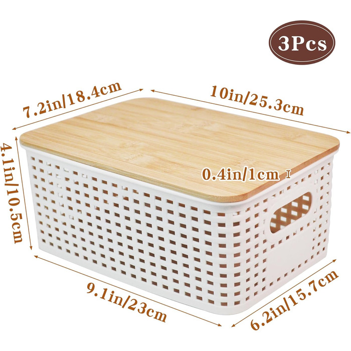 Storage Box with Bamboo Lid Small 3 Pieces 5L Storage Box Bathroom Box with Lid Bathroom Organizer 25x18x10cm Plastic Box Kitchen Storage Boxes Baskets Containers Stackable Boxes (White)