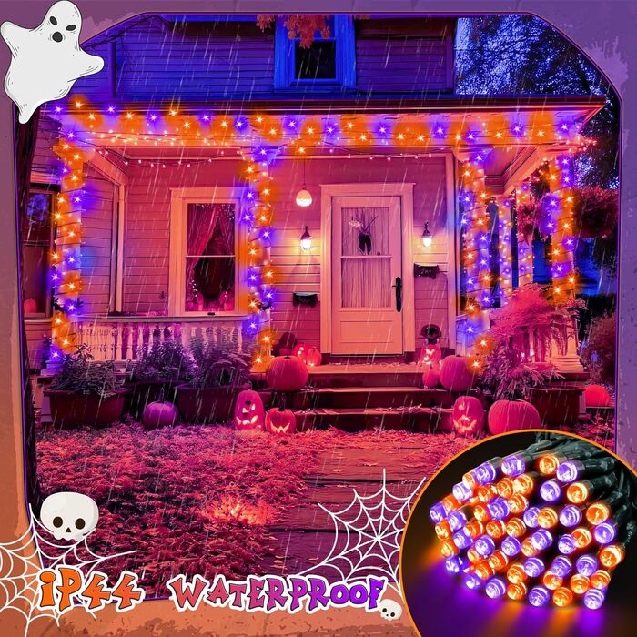 Льо́нги́ гірля́нда для прикраша́ння на Рі́здво, 200 LED, живлення від мережі, таймер, 8 режимів, вологостійка, для ялинки, саду, внутрішнього та зовнішнього використання, тепле біле світло (оранжево-фіолетовий), 20 метрів