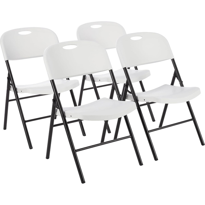 Amazon Basics Folding Chairs, Plastic and Metal, 4-Piece Set, Camping Chair, Kitchen Chair, for Indoor and Outdoor Use, Up to 158 kg, 4 Pieces (4 Pieces, White)