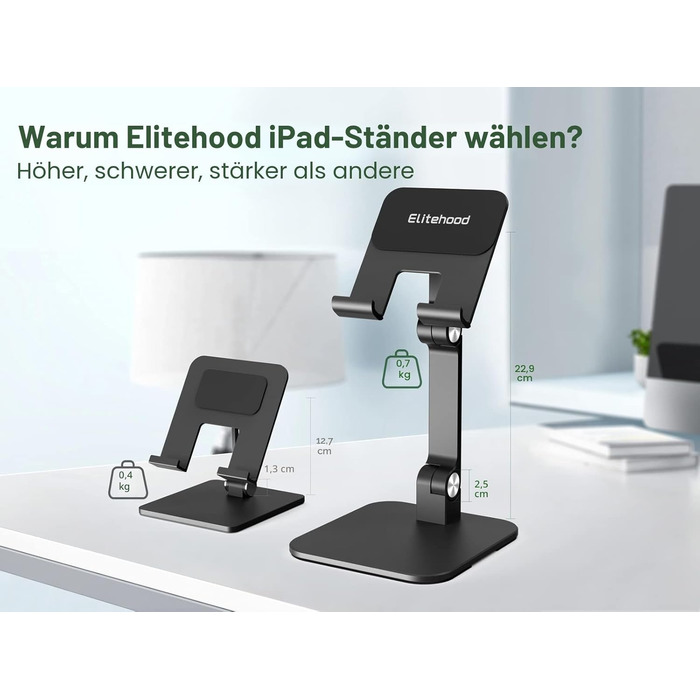 Алюмінієва підставка для iPad та планшетів elitehood, регульована за висотою та нахилом, складана тримач для iPad Pro 12.9, Air, Mini, Samsung Galaxy Tab (4-13 дюймів), чорна