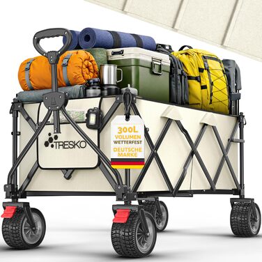 Універсальний складаний візок TRESKO® 300L з гальмом та повногумовими колесами | Складаний пляжний візок позашляховик, бежевий