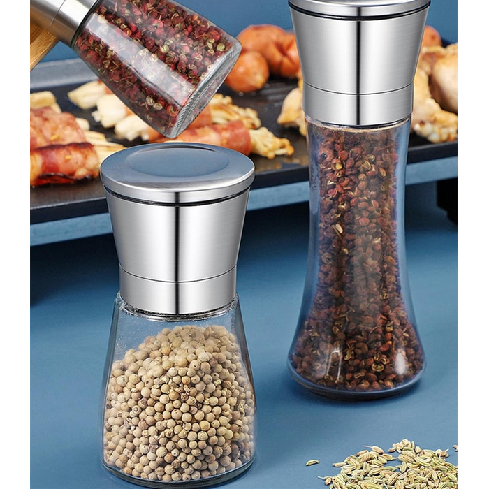 Набір з 2 мельниць для солі та перцю - сталеві та скляні з регульованим керамічним жорном, з можливістю поповнення, для солі та перцю